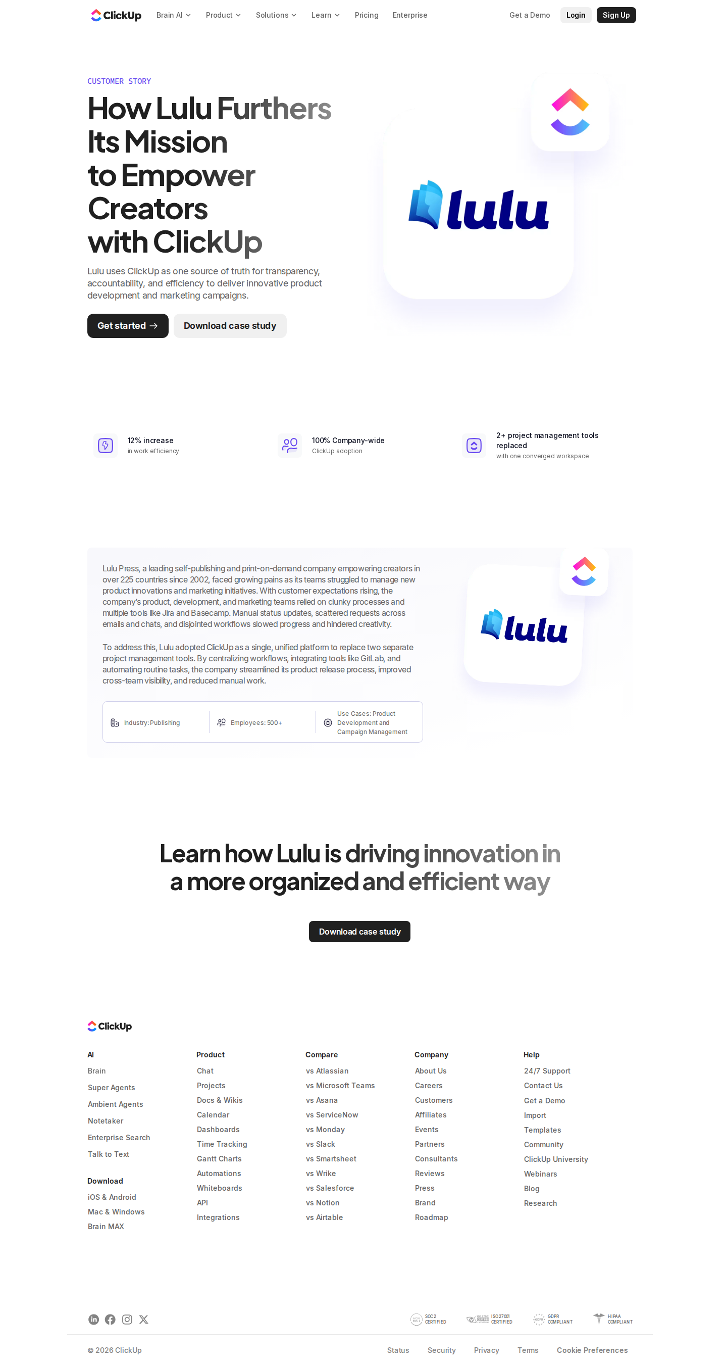 Screenshot of ClickUp x Lulu Press, one platform unblocks product and marketing