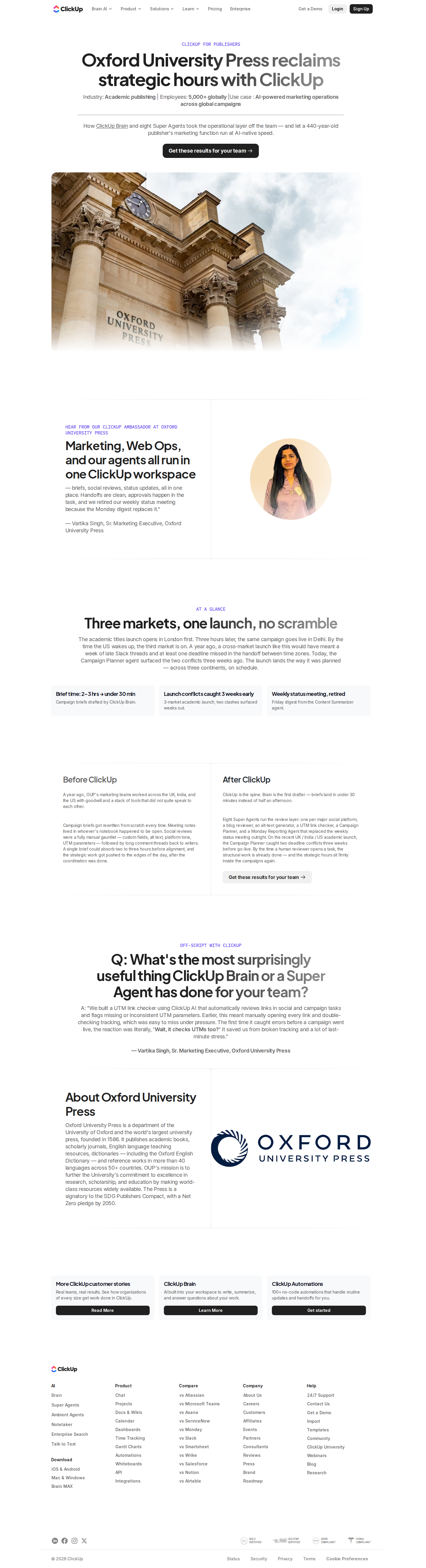 Full screenshot of ClickUp x Oxford University Press, AI agents cut brief time by 80%