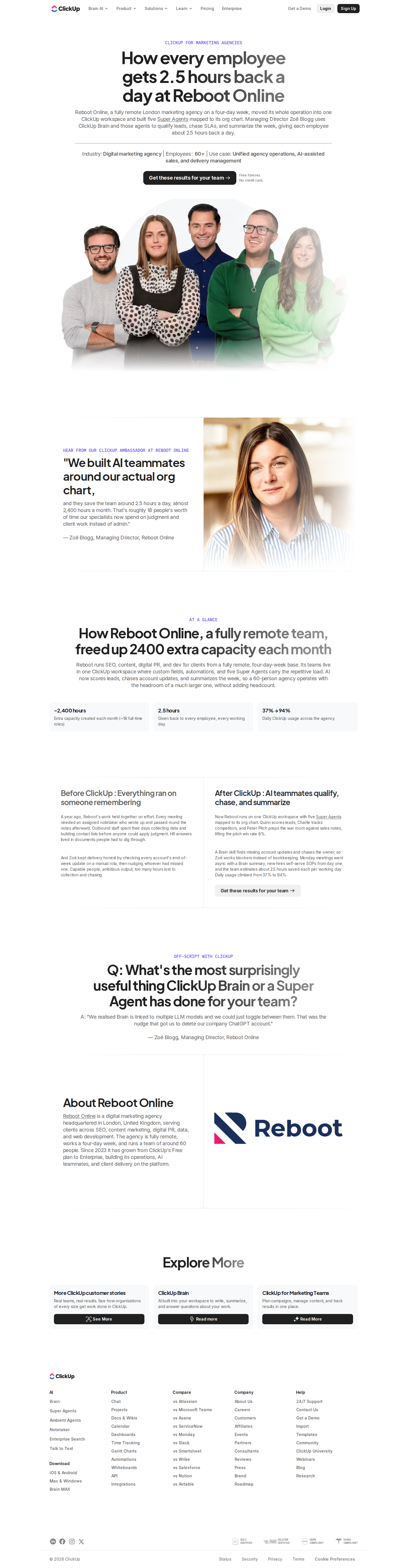 Full screenshot of ClickUp x Reboot Online, 2,400 hours reclaimed monthly with AI Super Agents