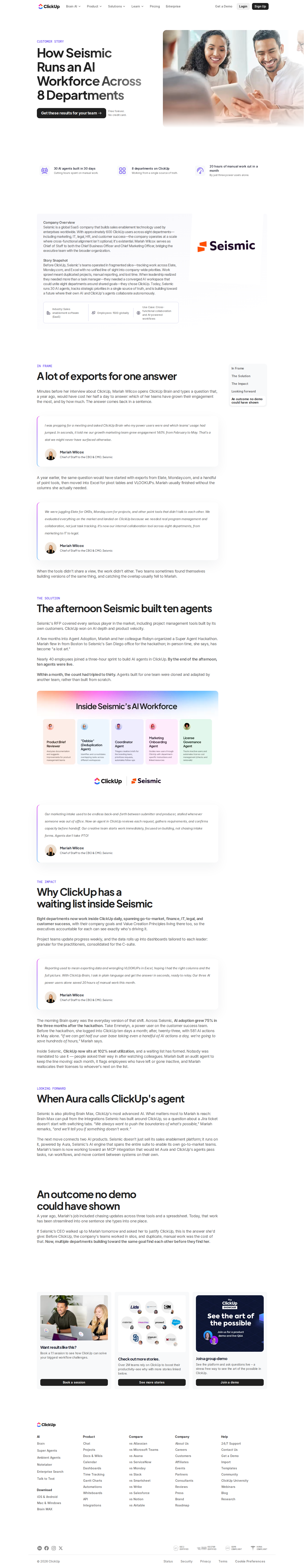 Full screenshot of ClickUp x Seismic, 30 AI agents across 8 departments in 30 days