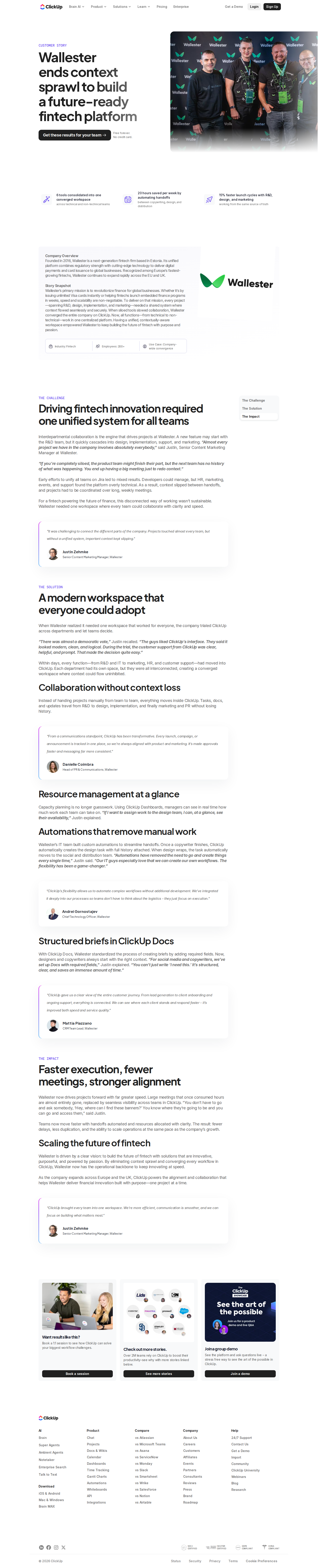 Screenshot of ClickUp x Wallester, eliminating context sprawl across a fast-scaling fintech