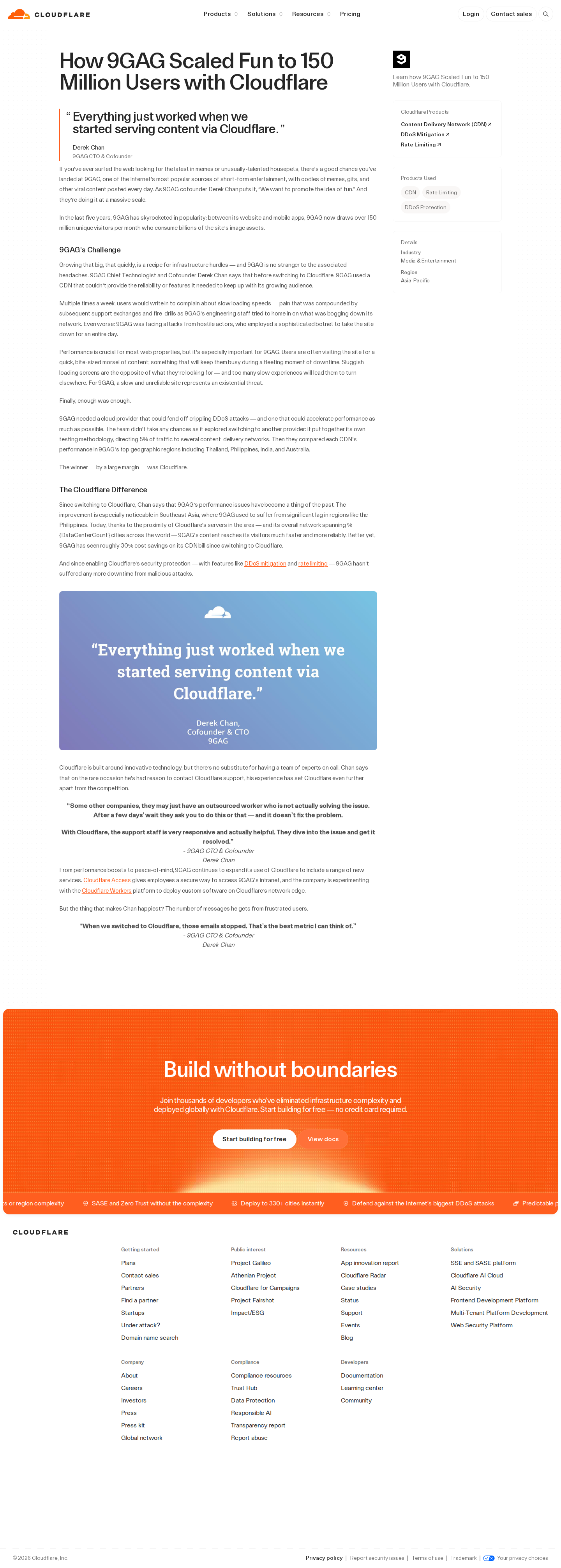 Screenshot of Cloudflare x 9GAG, stopping attacks and complaints at 150M users