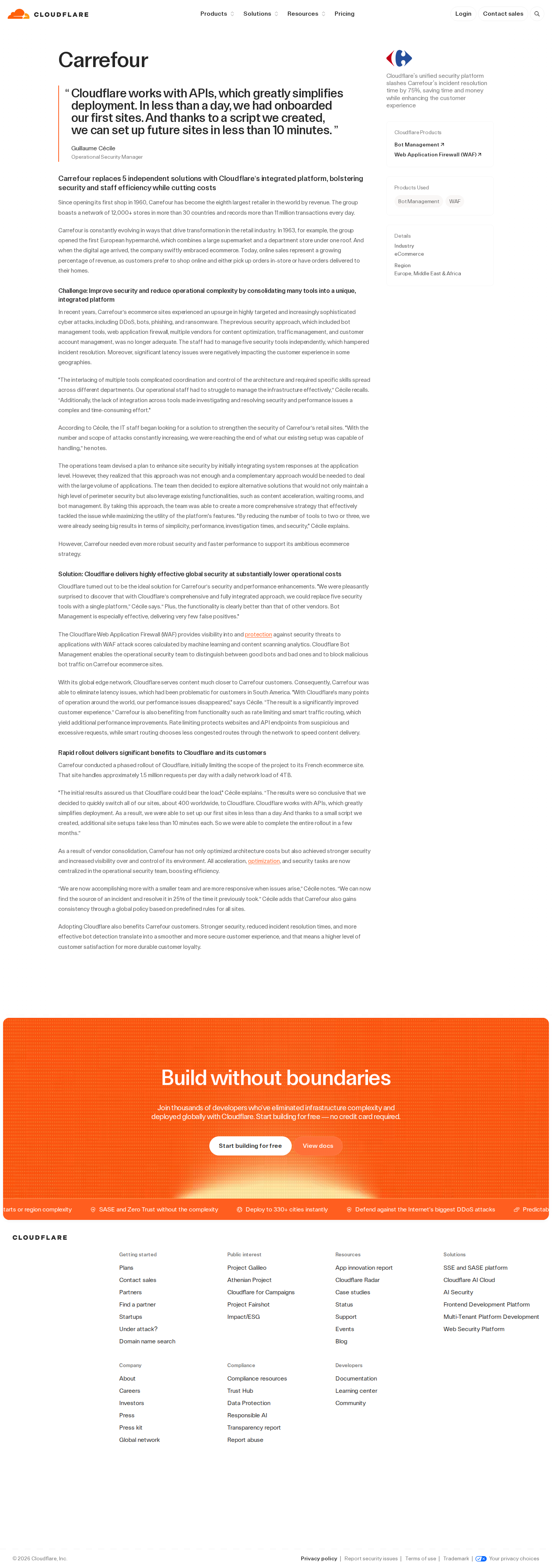 Screenshot of Cloudflare x Carrefour, five tools replaced and incident resolution cut by 75%
