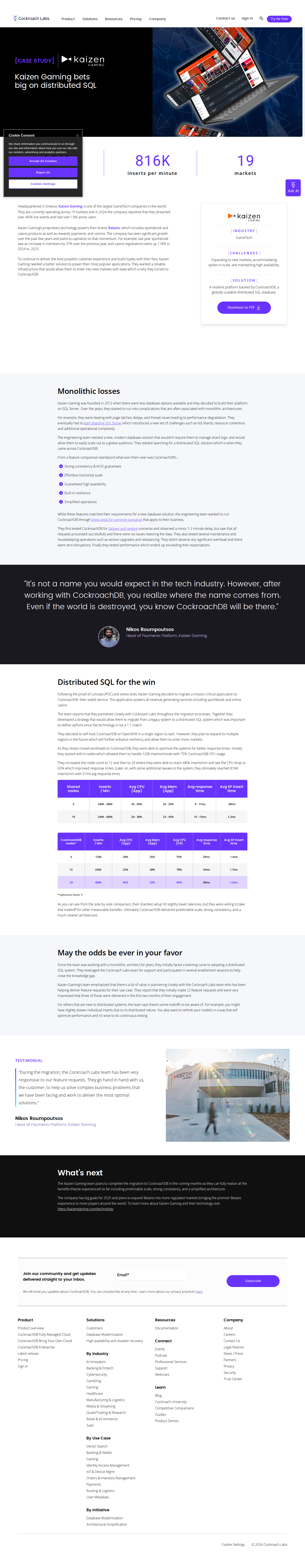 Screenshot of Cockroach Labs x Kaizen Gaming, from sharded SQL Server to 816K inserts per minute