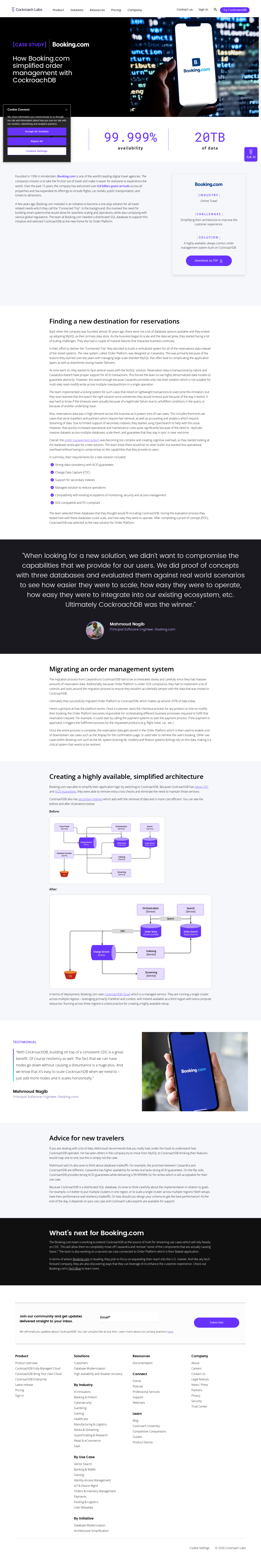 Screenshot of CockroachDB x Booking.com, migrating 20TB off Cassandra to simplify order management