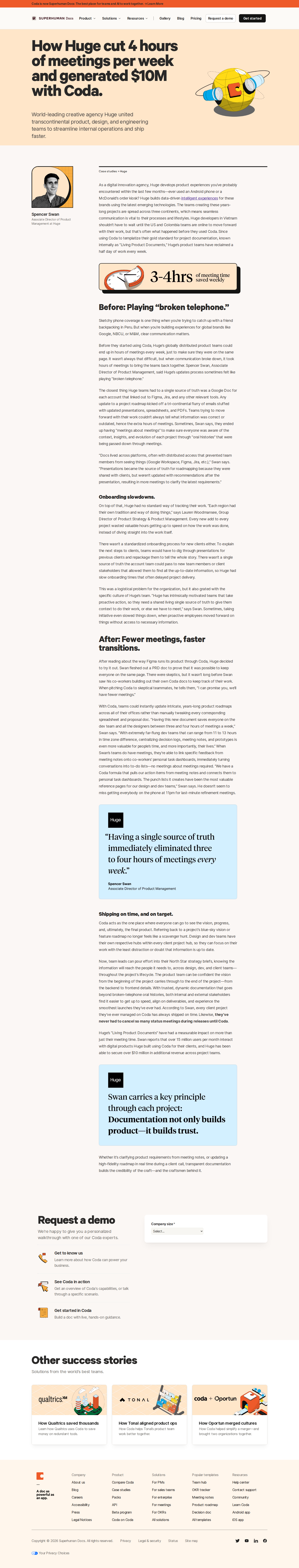 Screenshot of Coda x Huge, cutting 4 hours of weekly meetings across three continents