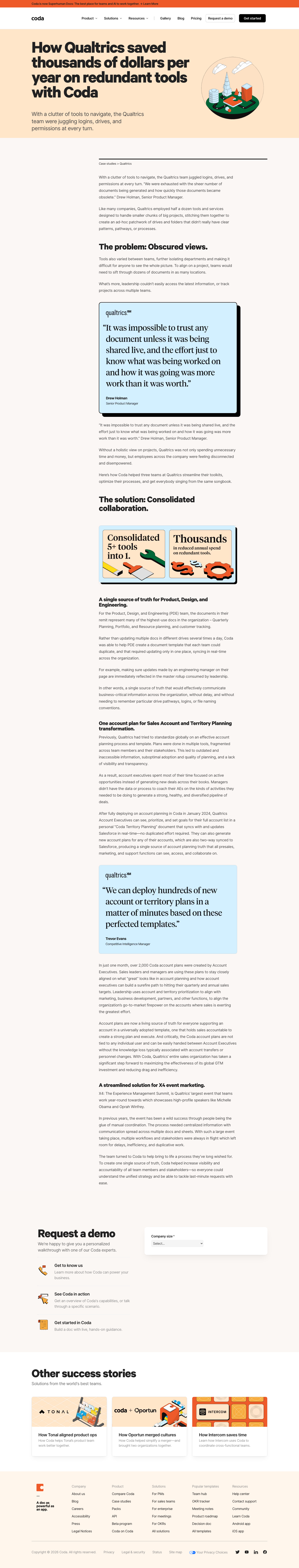 Screenshot of Coda × Qualtrics — consolidating 5+ tools