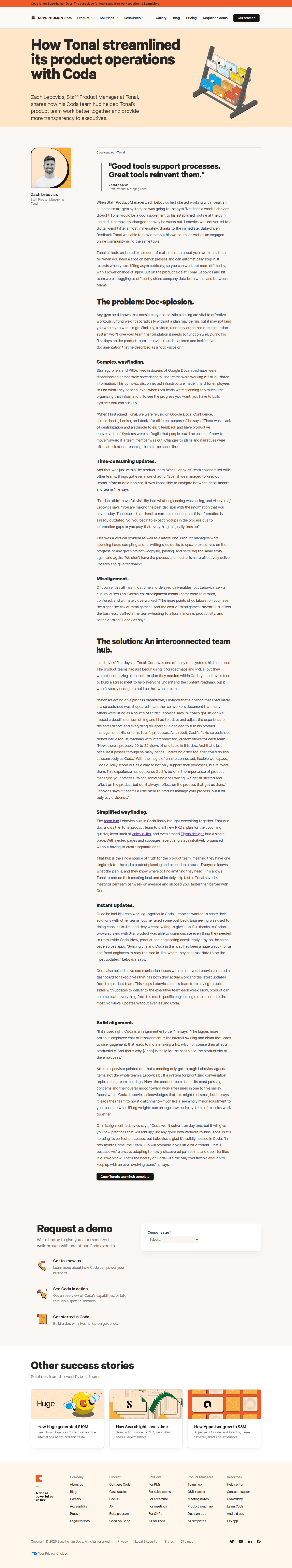 Screenshot of Coda x Tonal, cutting meetings and shipping 25% faster with one team hub