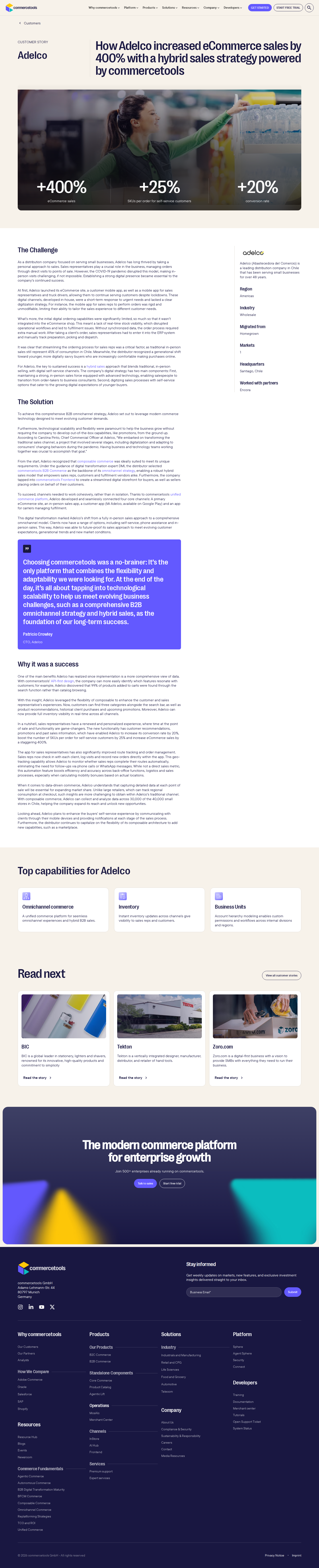 Screenshot of commercetools x Adelco, 400% eCommerce sales growth via hybrid B2B model