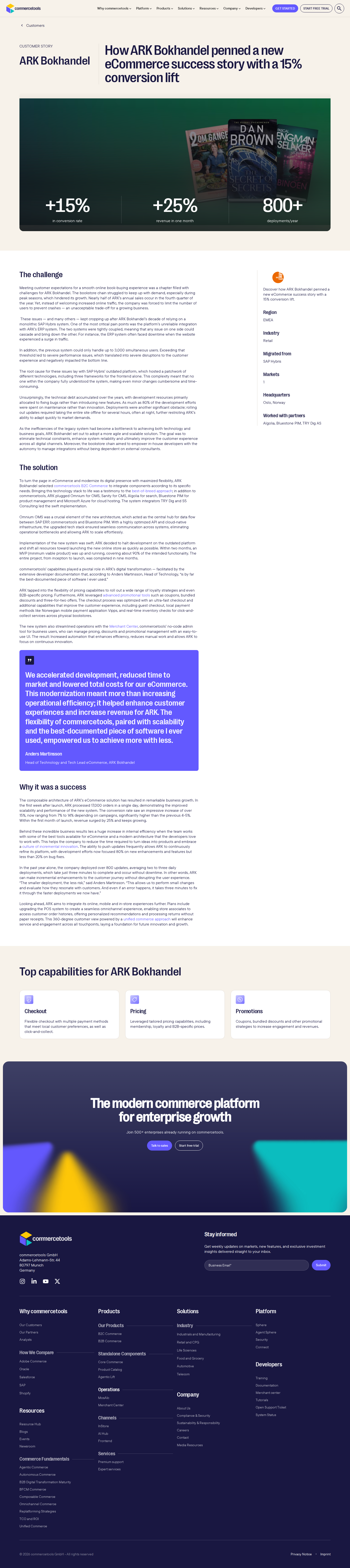 Screenshot of commercetools x ARK Bokhandel, replatforming lifts conversion 15% and revenue 25% in month one