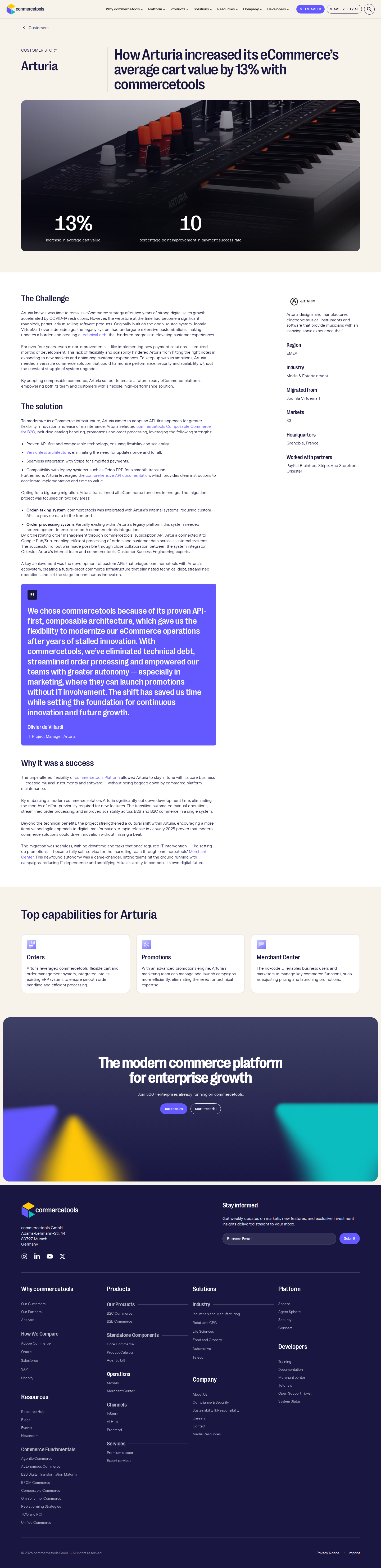 Screenshot of commercetools x Arturia, composable replatform lifts average cart value 13%