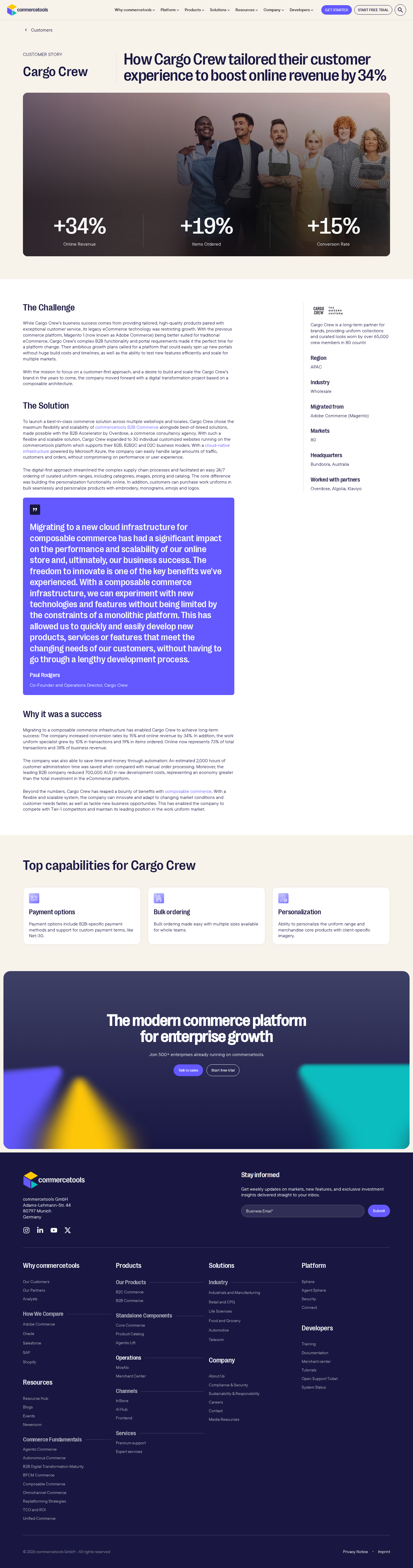 Screenshot of commercetools x Cargo Crew, composable commerce lifts online revenue 34%