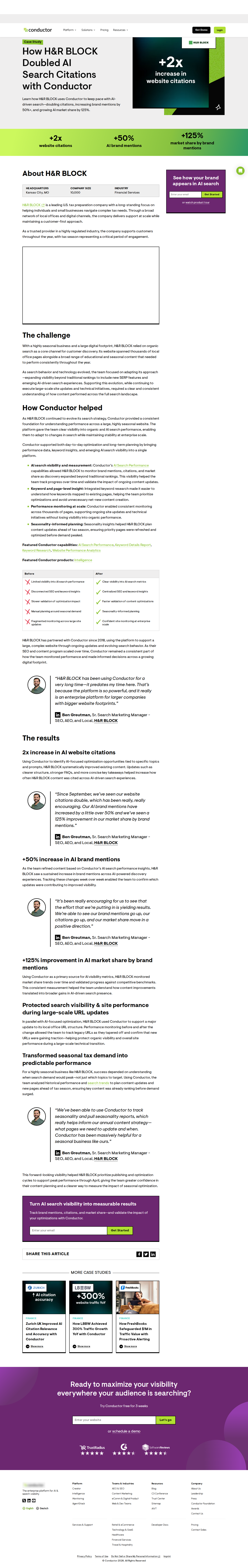 Screenshot of Conductor x H&R Block, doubling AI search citations in tax season