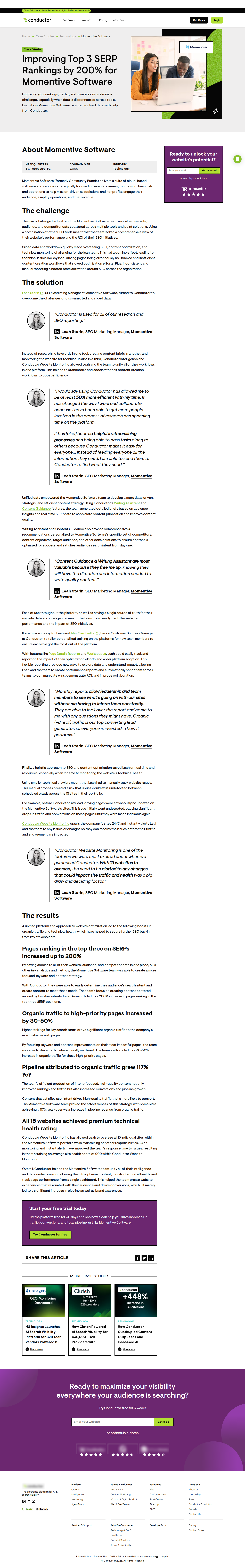 Screenshot of Conductor x Momentive Software, 200% more top-3 rankings from unified SEO data