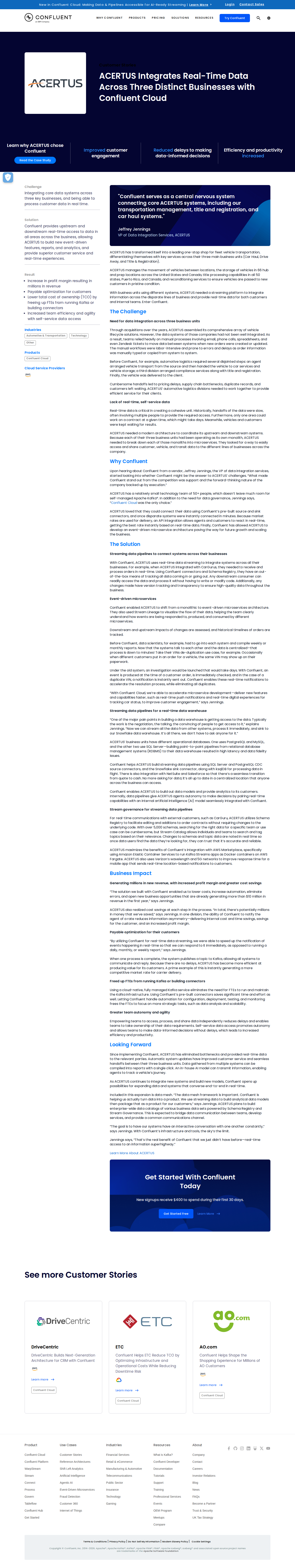 Screenshot of Confluent x ACERTUS, real-time integration across three acquired businesses