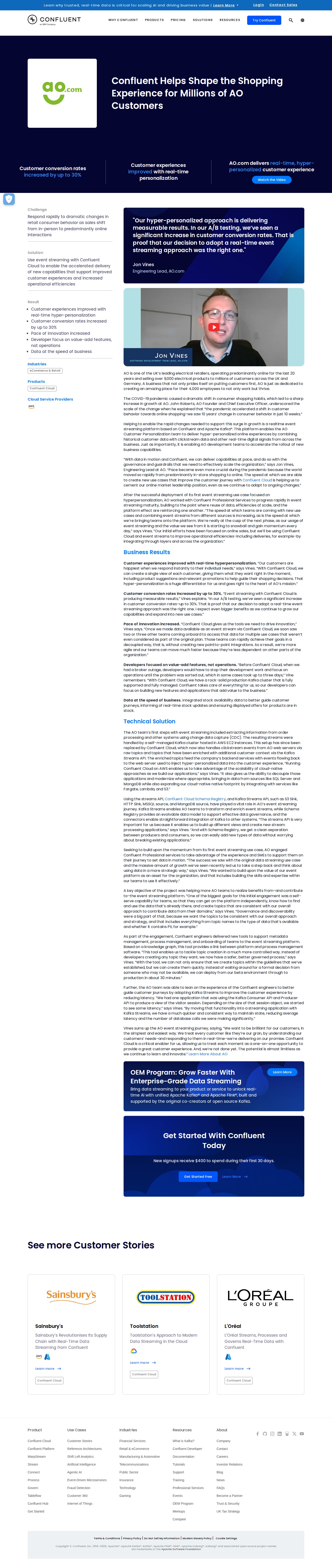 Screenshot of Confluent x AO.com, 30% conversion lift through real-time personalization