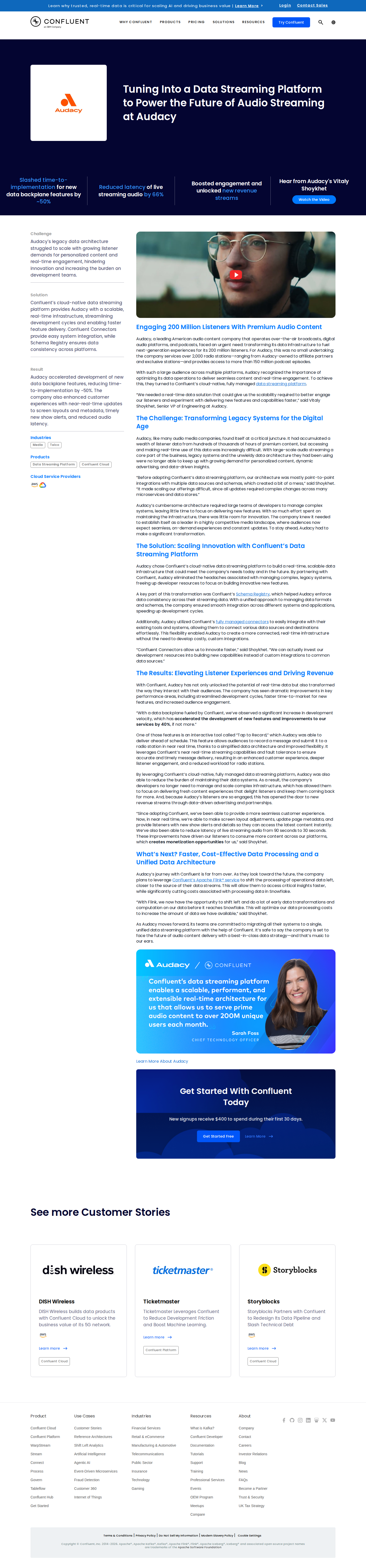 Screenshot of Confluent x Audacy, legacy architecture overhauled to cut implementation time in half