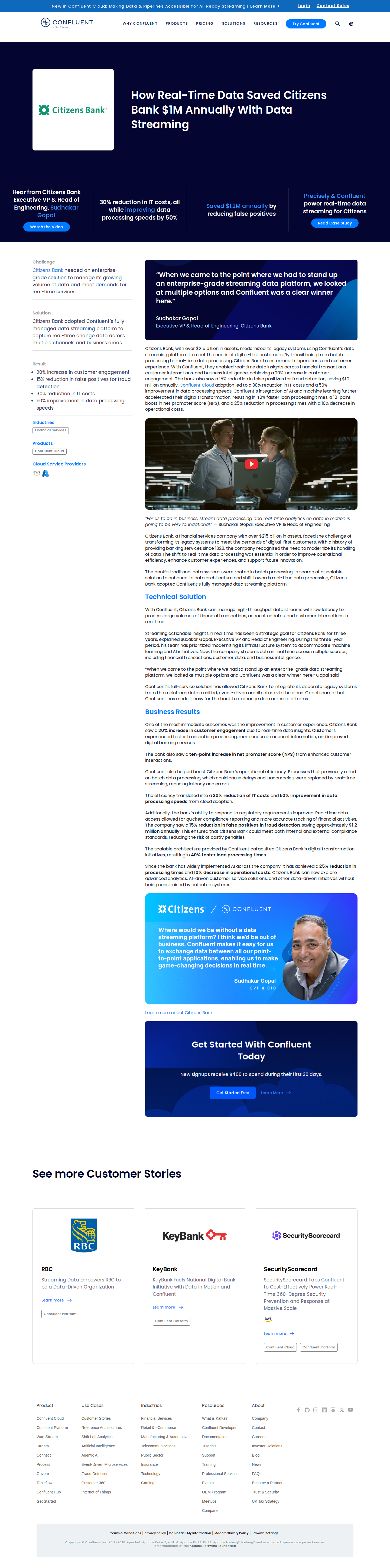 Full screenshot of Confluent x Citizens Bank, real-time streaming saves $1.2M at a legacy bank