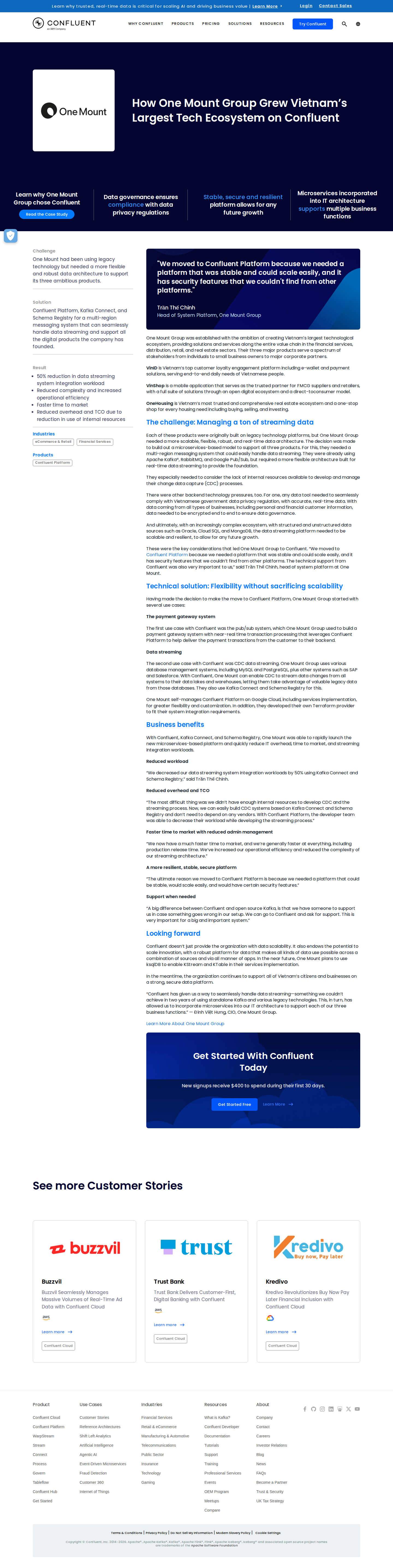 Screenshot of Confluent x One Mount Group, halving integration workload to power Vietnam's largest tech ecosystem