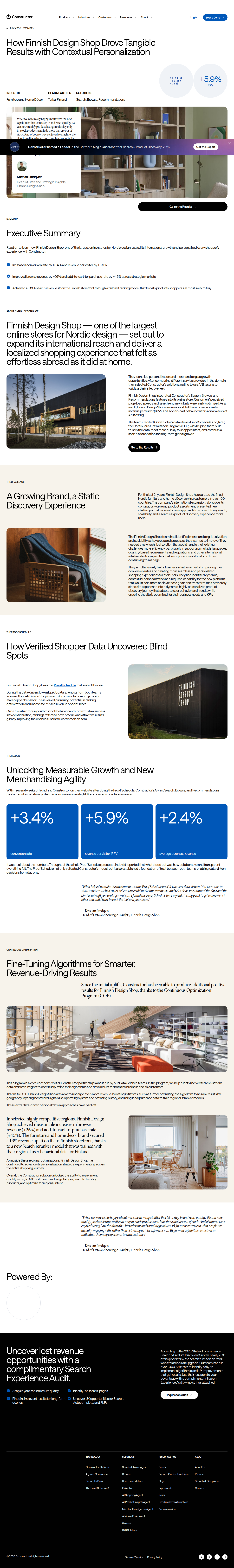 Screenshot of Constructor x Finnish Design Shop, personalization lifts RPV 5.9%