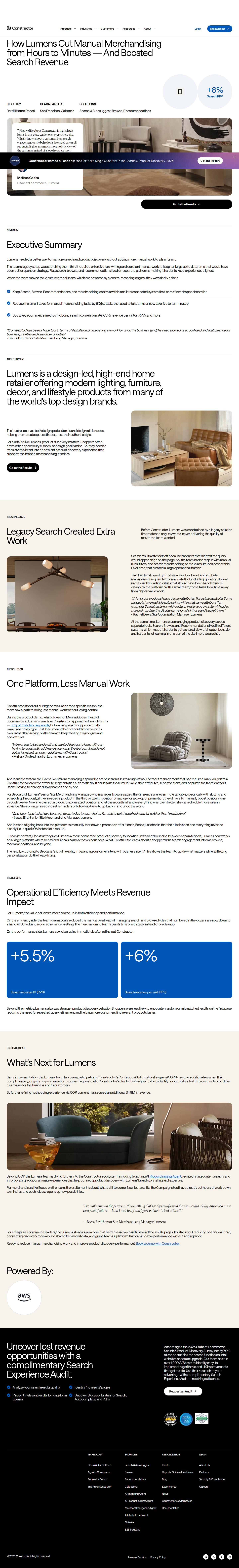 Screenshot of Constructor x Lumens: From hours of manual merchandising to minutes, with a revenue lift