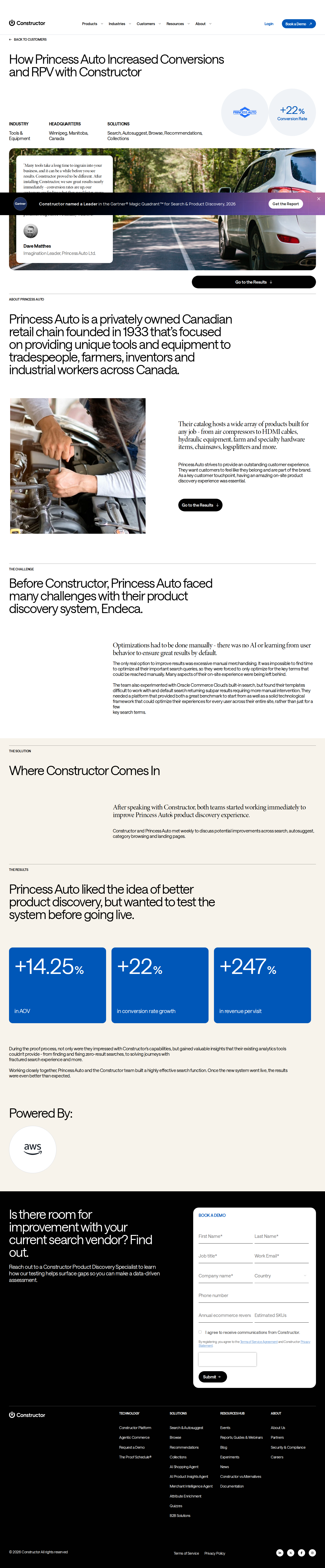 Screenshot of Constructor x Princess Auto: +247% Revenue Per Visit from Search Overhaul
