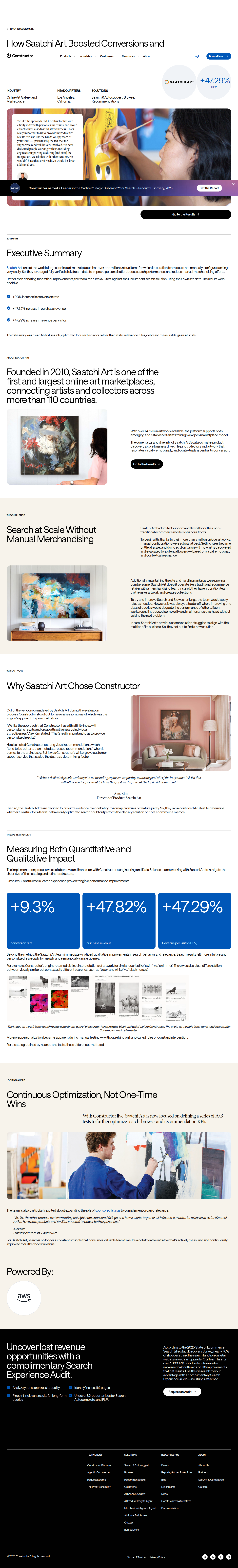 Screenshot of Constructor x Saatchi Art, AI search lifts RPV nearly 50%
