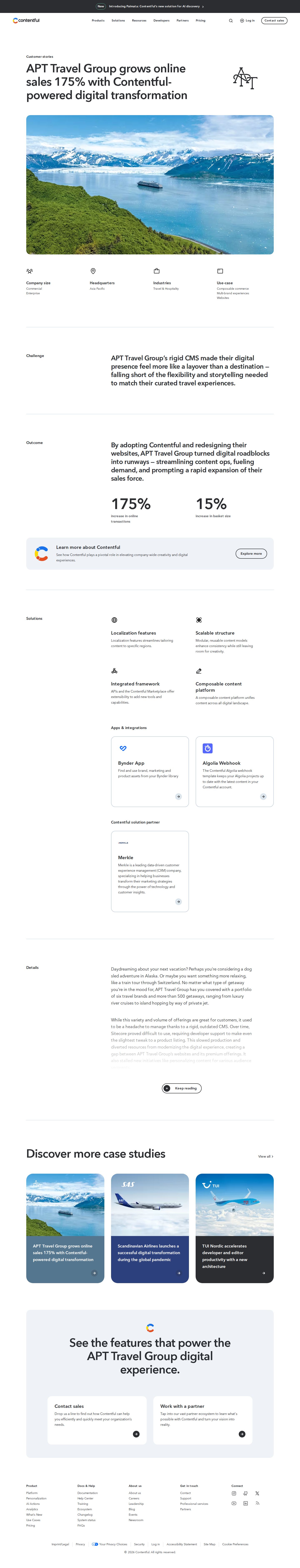 Screenshot of Contentful x APT Travel Group, 175% online transaction growth after ditching Sitecore