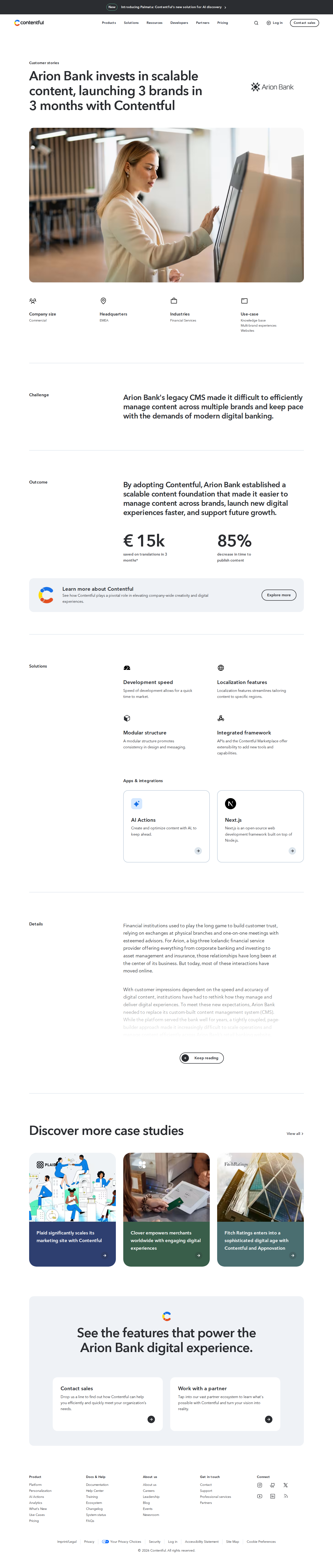 Screenshot of Contentful x Arion Bank, three brands live in three months