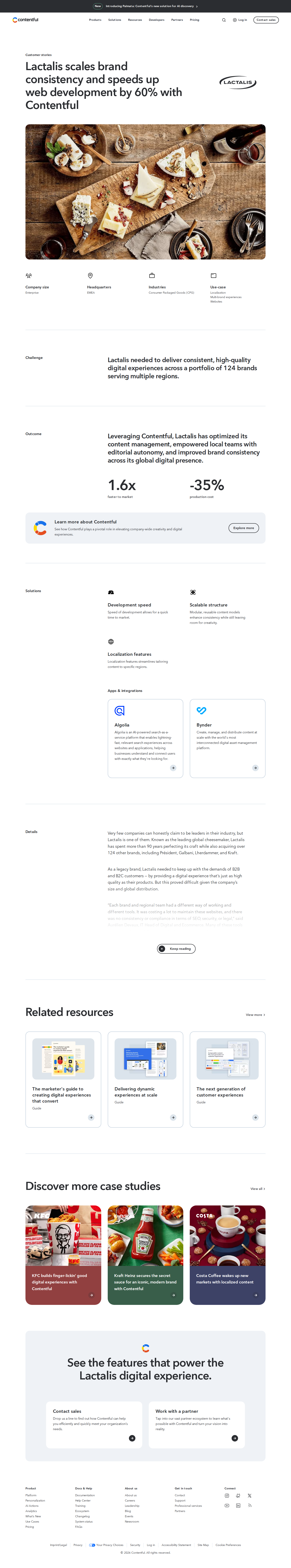 Full screenshot of Contentful x Lactalis, 60% faster web builds across 124 brands
