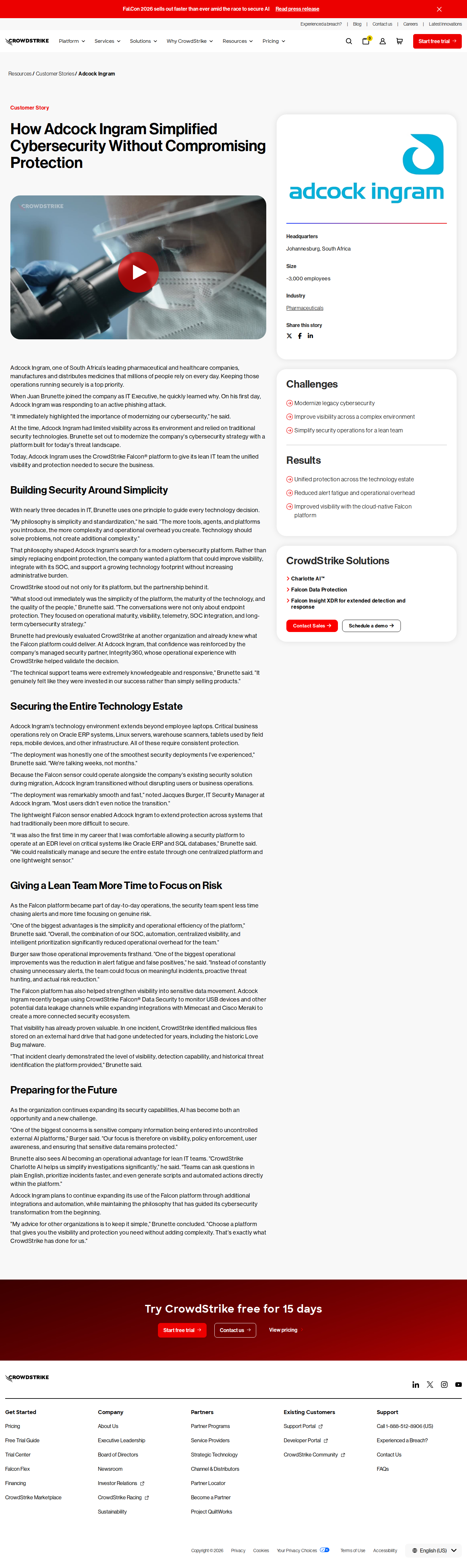 Screenshot of CrowdStrike x Adcock Ingram, from blind spots to unified visibility