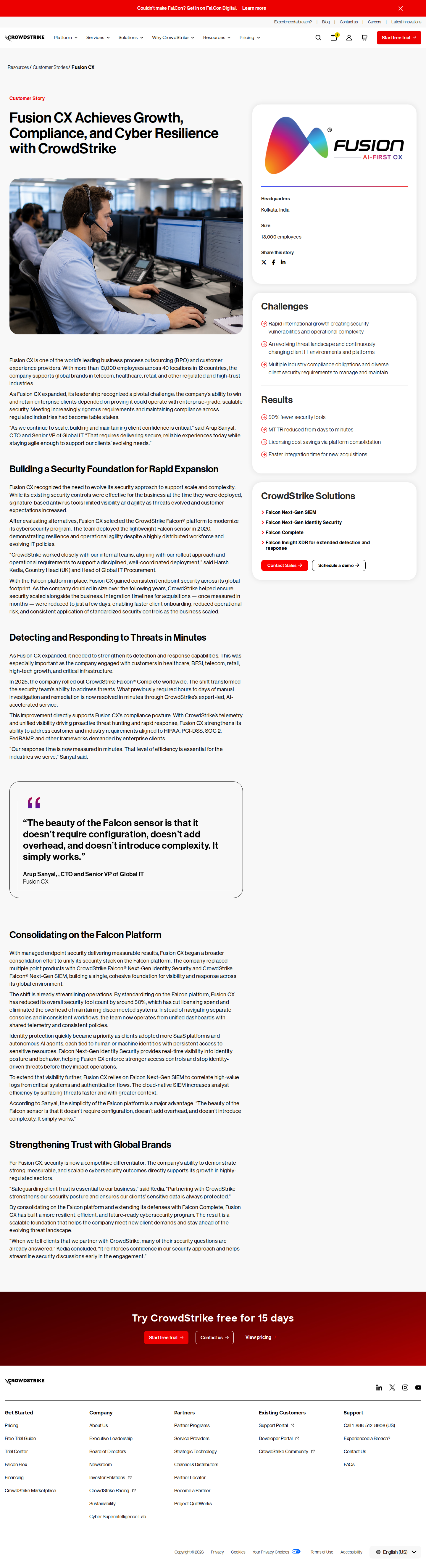 Screenshot of CrowdStrike x Fusion CX, security as a sales tool for a global BPO