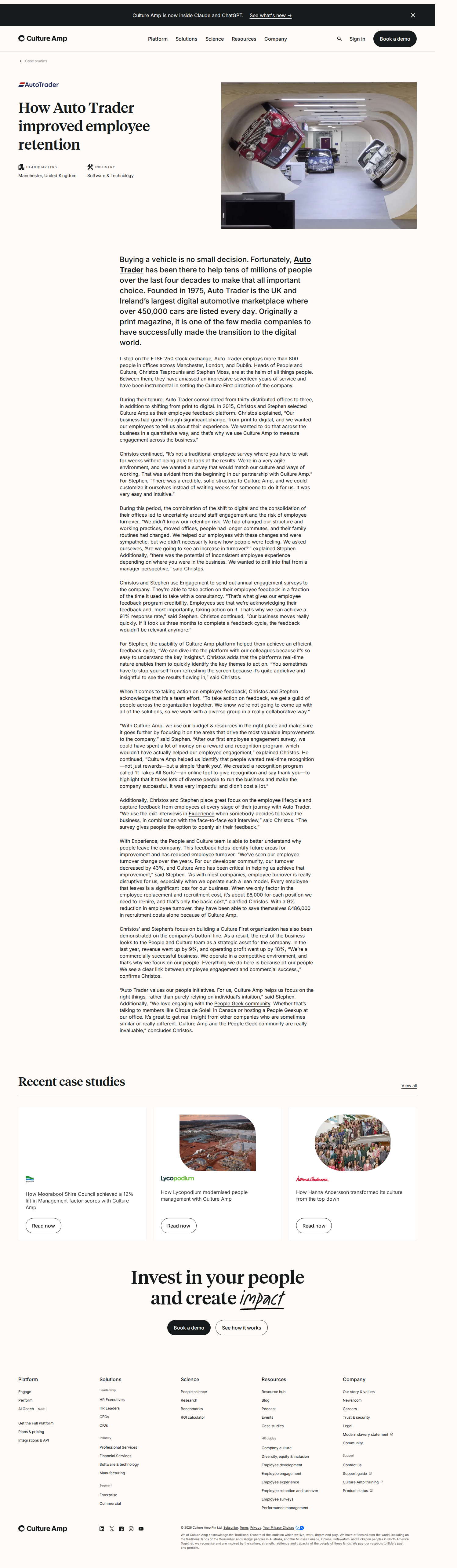 Screenshot of Culture Amp x Auto Trader, slashing developer turnover 43% through employee feedback