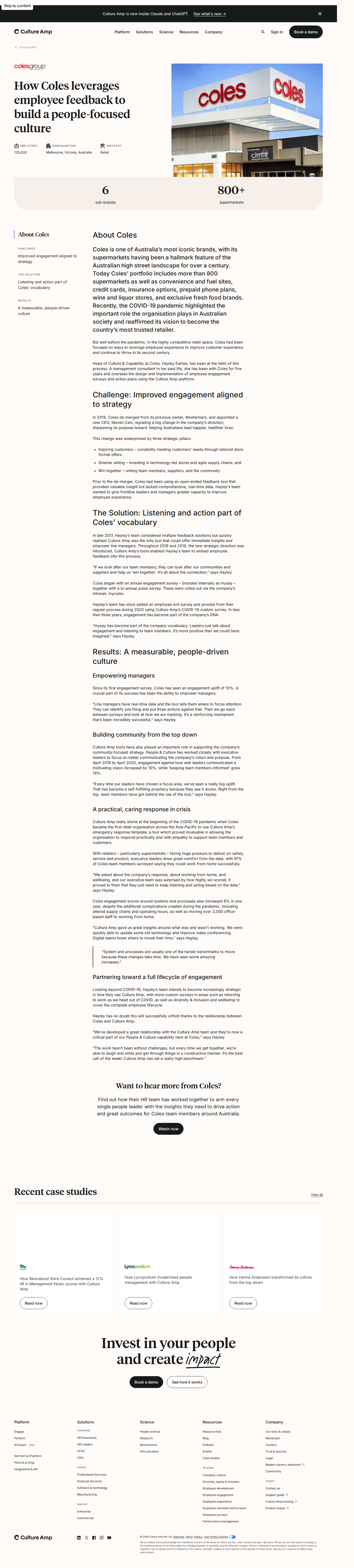 Screenshot of Culture Amp x Coles, 10% engagement uplift across 125,000 employees