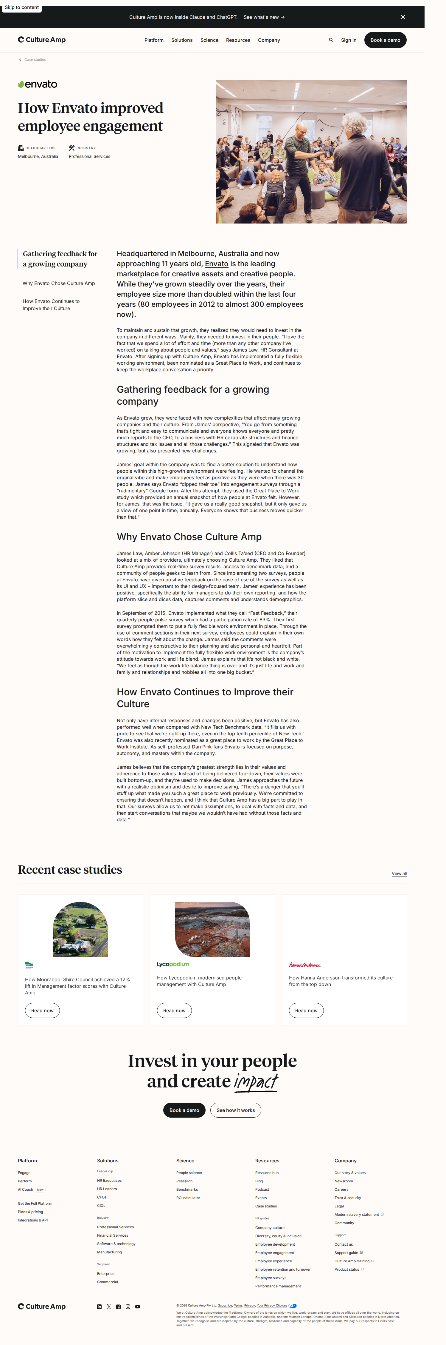 Screenshot of Culture Amp x Envato, from annual snapshot to always-on engagement data