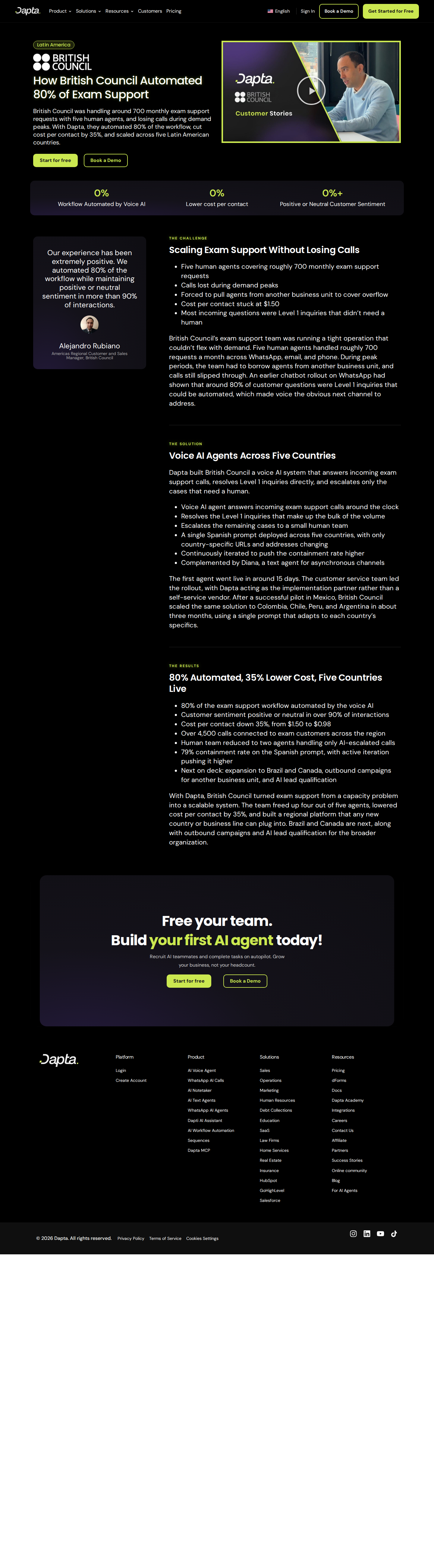Screenshot of Dapta x British Council, 80% automated and 35% lower cost per contact