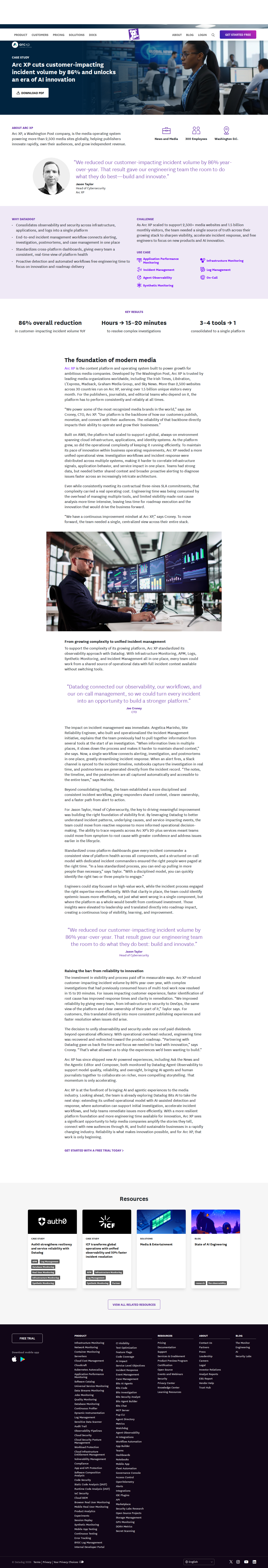Full screenshot of Datadog x Arc XP, 86% fewer incidents frees engineers to ship AI
