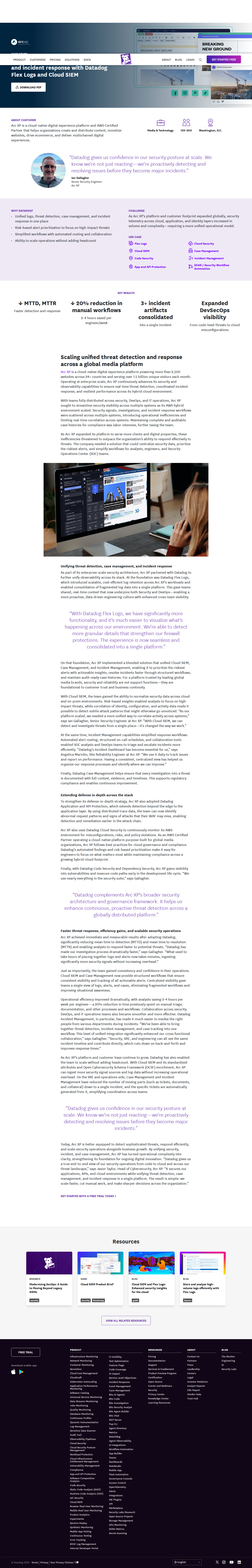 Full screenshot of Datadog x Arc XP, unifying security ops without adding headcount