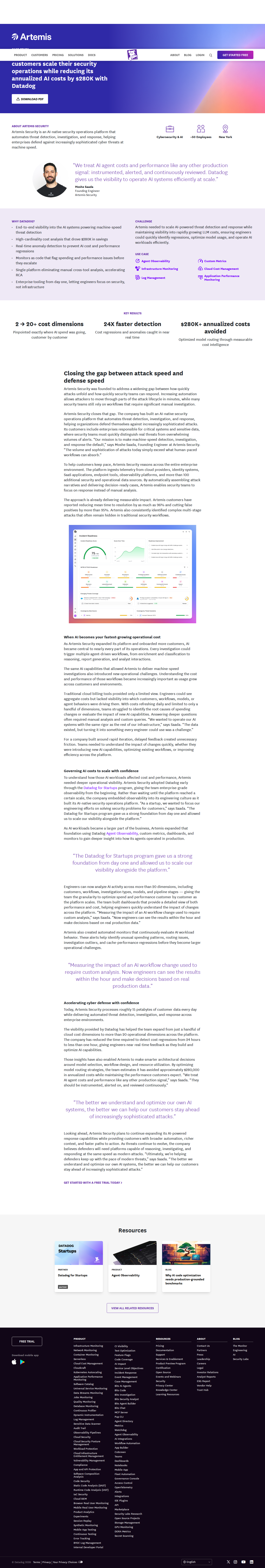 Full screenshot of Datadog x Artemis Security, $280K saved by treating AI costs like production signals