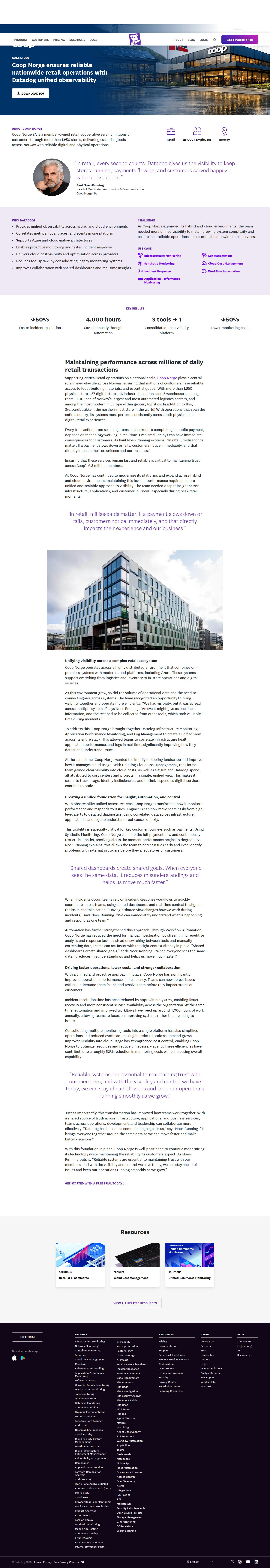 Full screenshot of Datadog x Coop Norge, unified observability cuts incident time and cost in half
