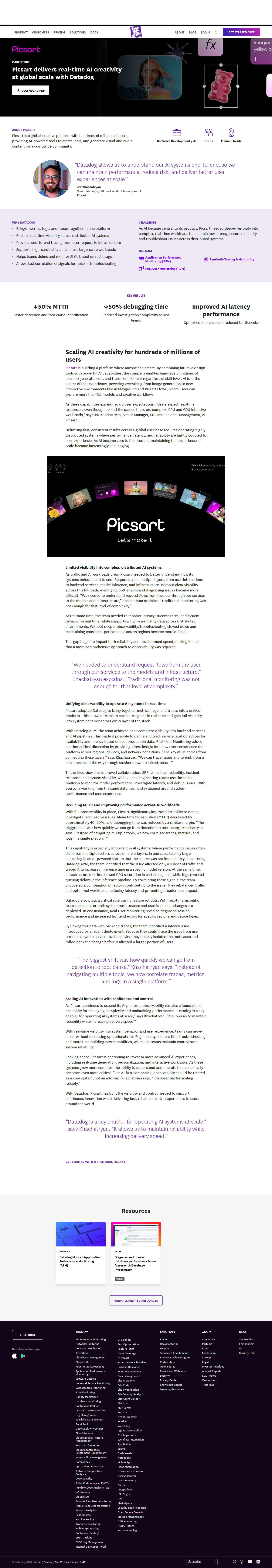 Full screenshot of Datadog x Picsart, half the time to fix AI incidents