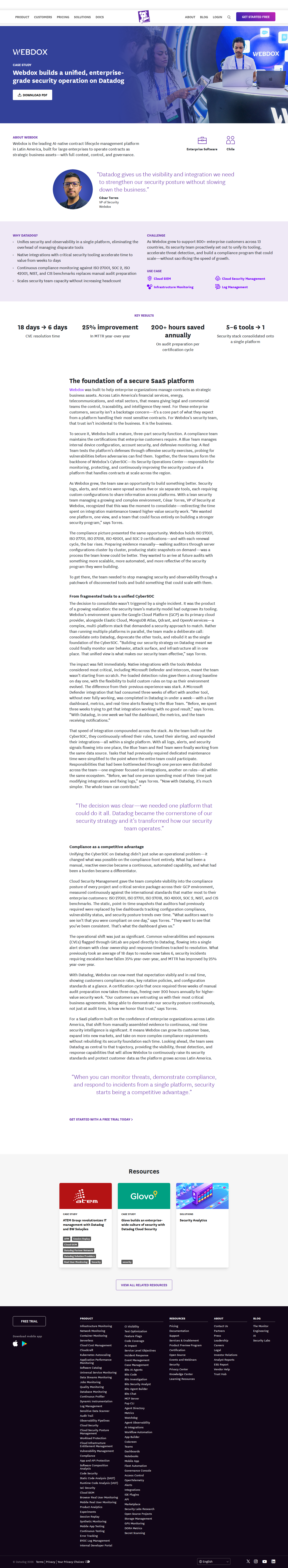 Full screenshot of Datadog x Webdox, one platform replaces five tools and cuts CVE resolution by two-thirds