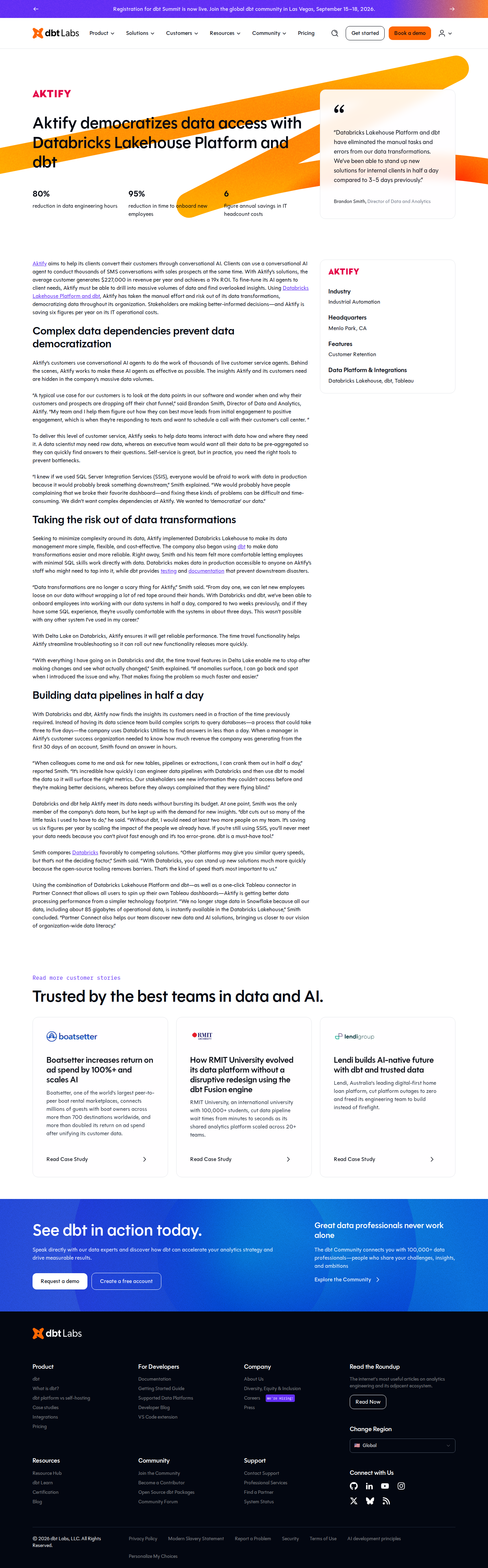 Screenshot of dbt Labs x Aktify: Six-Figure Savings by Cutting Data Engineering Toil