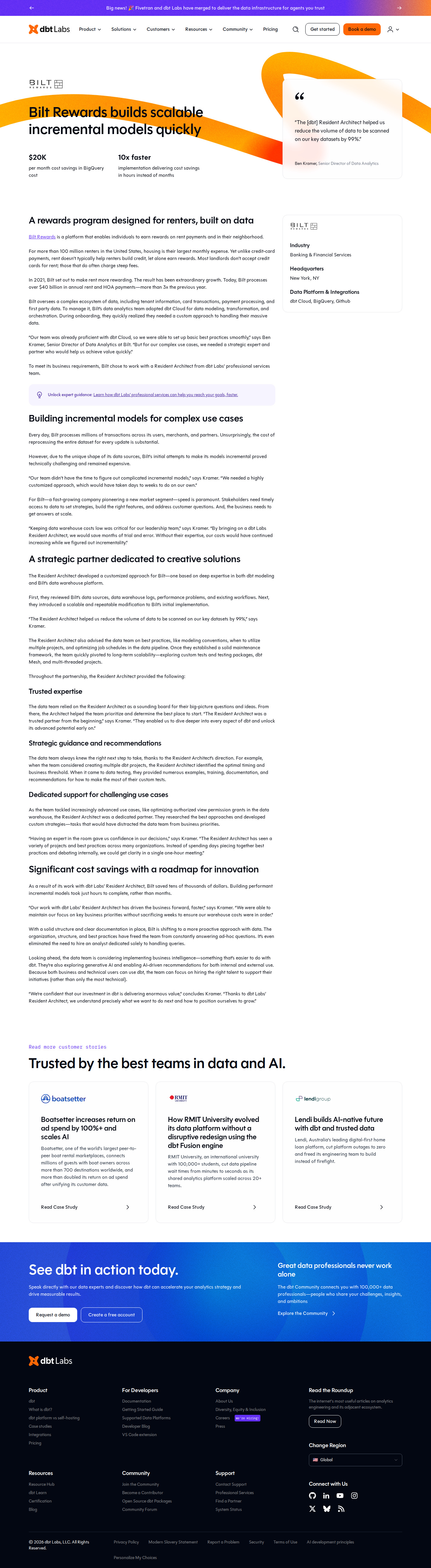Screenshot of dbt Labs x Bilt Rewards, $20K/month saved by cutting data scanned 99%