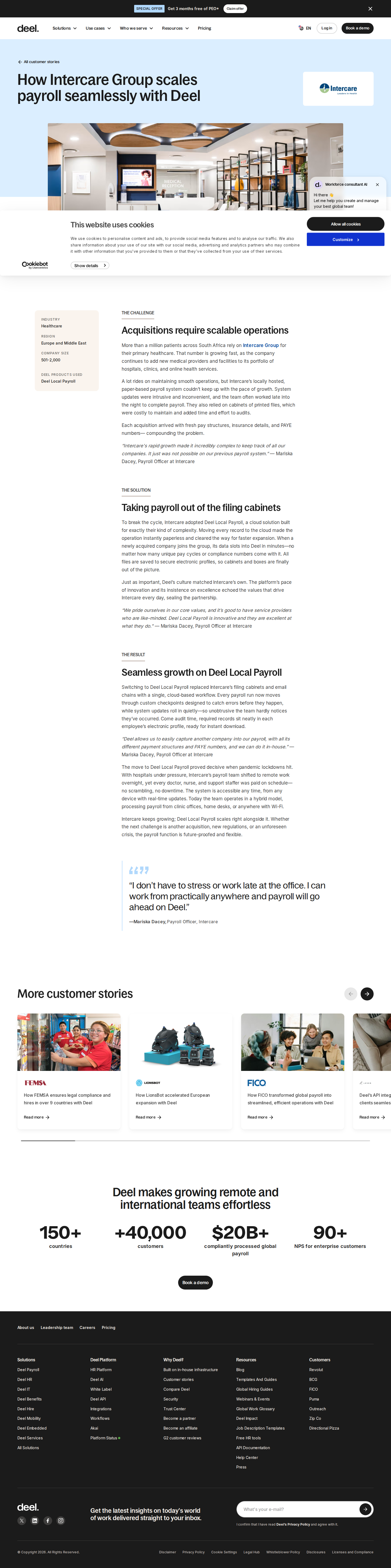 Full screenshot of Deel x Intercare Group, payroll that scales with acquisitions