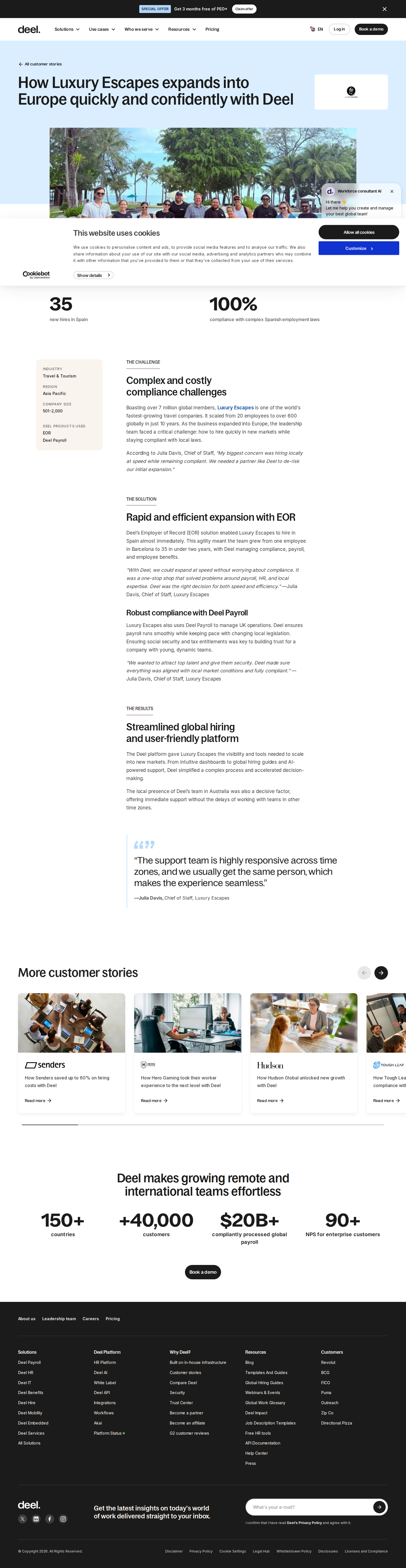 Full screenshot of Deel x Luxury Escapes, hiring in Spain without a legal entity