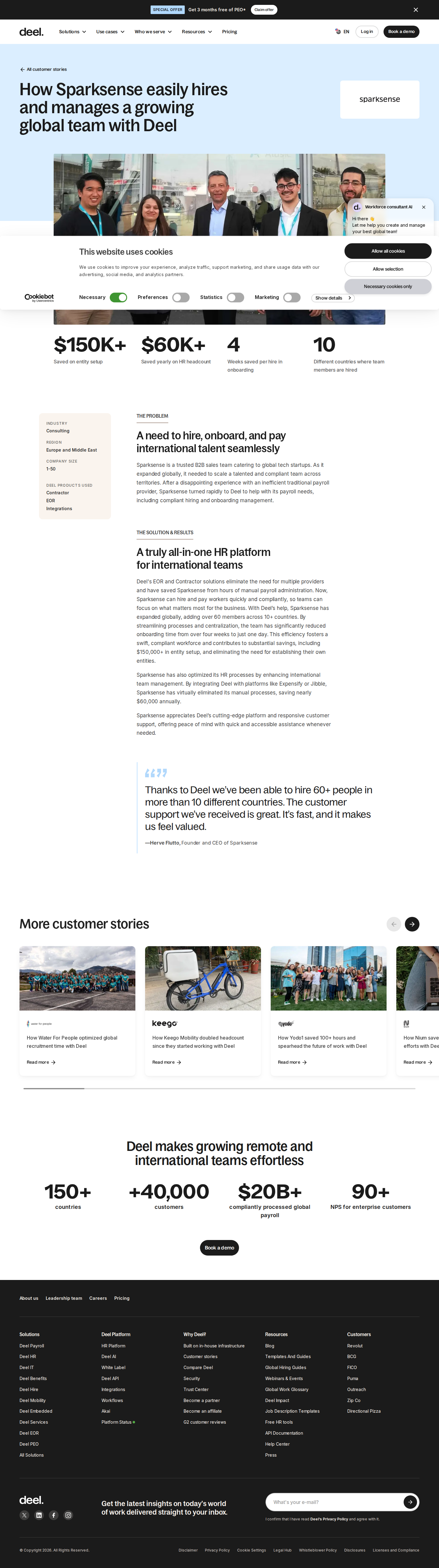 Screenshot of Deel x Sparksense, global hiring at a fraction of the cost and time