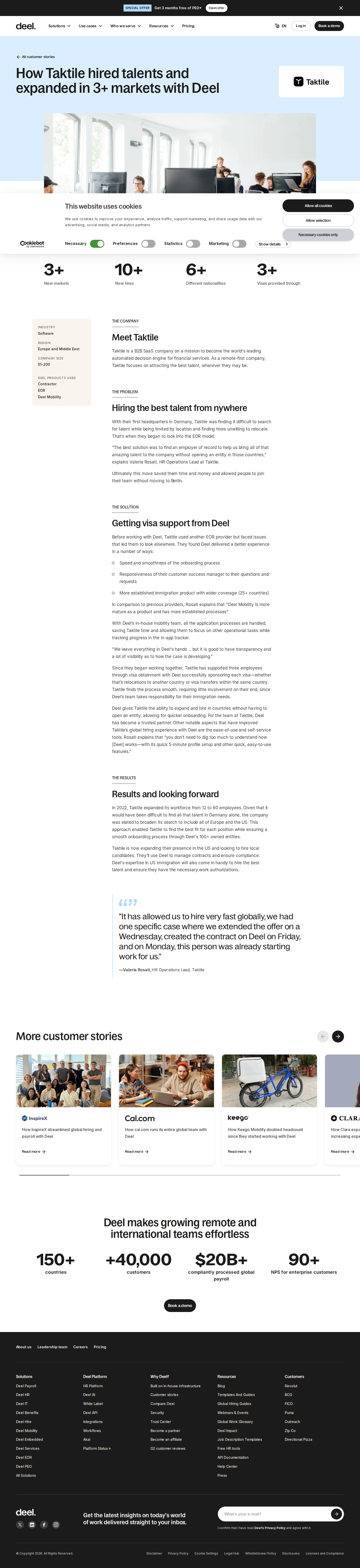 Screenshot of Deel x Taktile, hiring across 3+ markets without opening a single entity