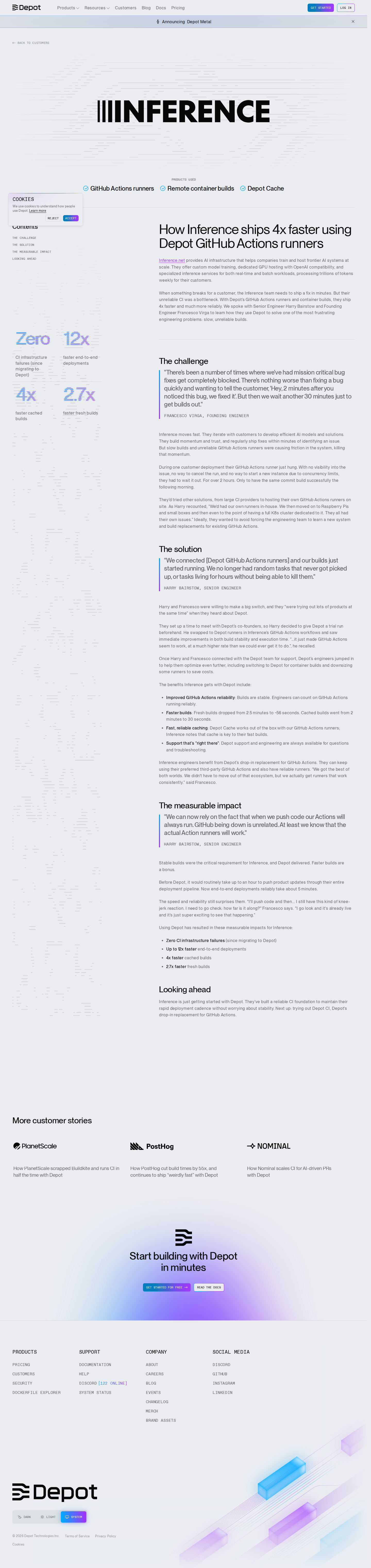 Screenshot of Depot x Inference.net, 4x faster deploys with zero CI failures