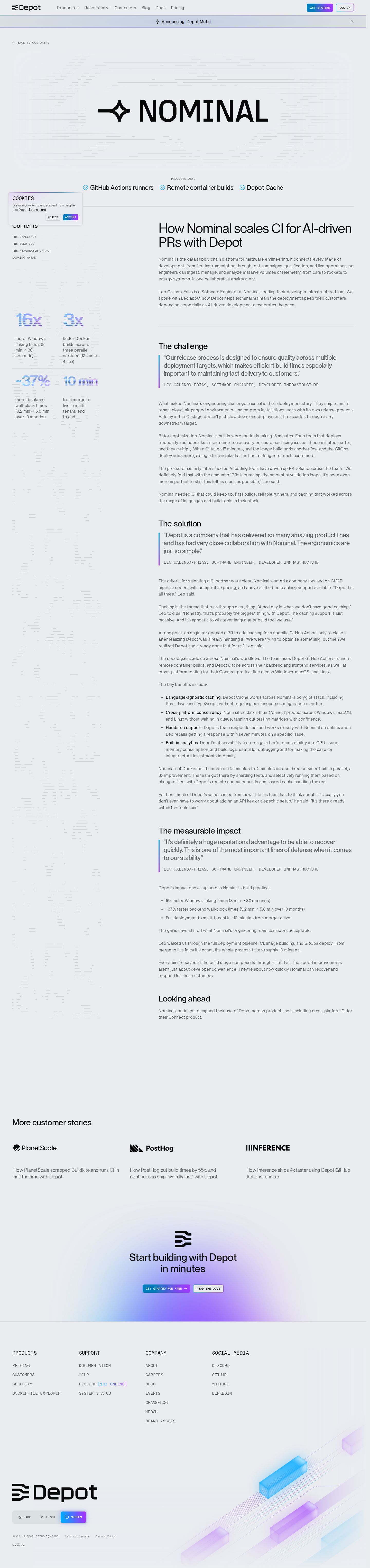 Screenshot of Depot x Nominal, slashing CI times as AI-driven PR volume surges